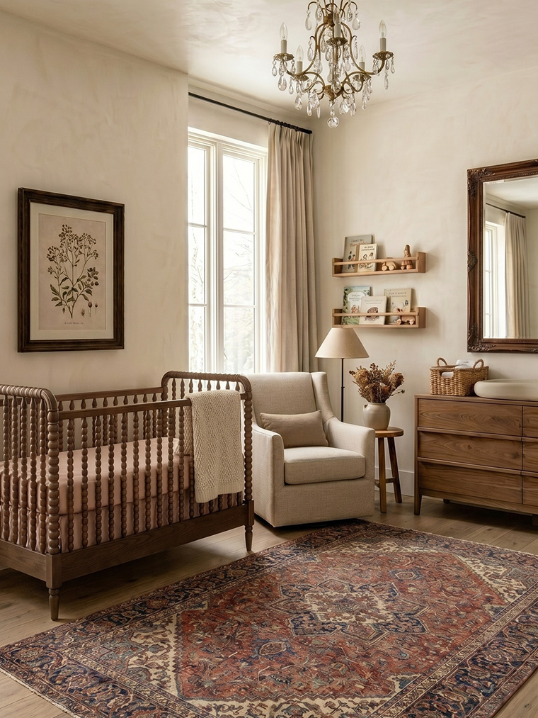 Warm transitional nursery ideas, refined rustic baby room design with a wooden spindle crib, cozy linen glider, and vintage botanical art.