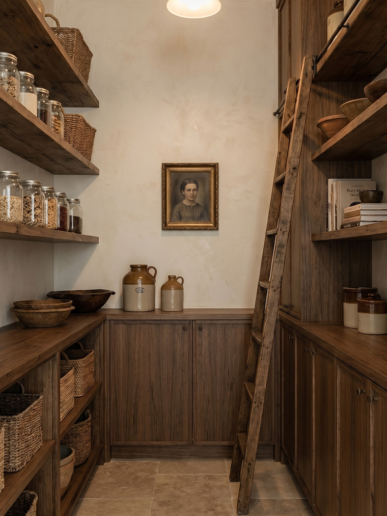 Transitional walk-in pantry design, refined rustic floor-to-ceiling wood cabinetry, open shelving, and a traditional wooden rolling ladder.