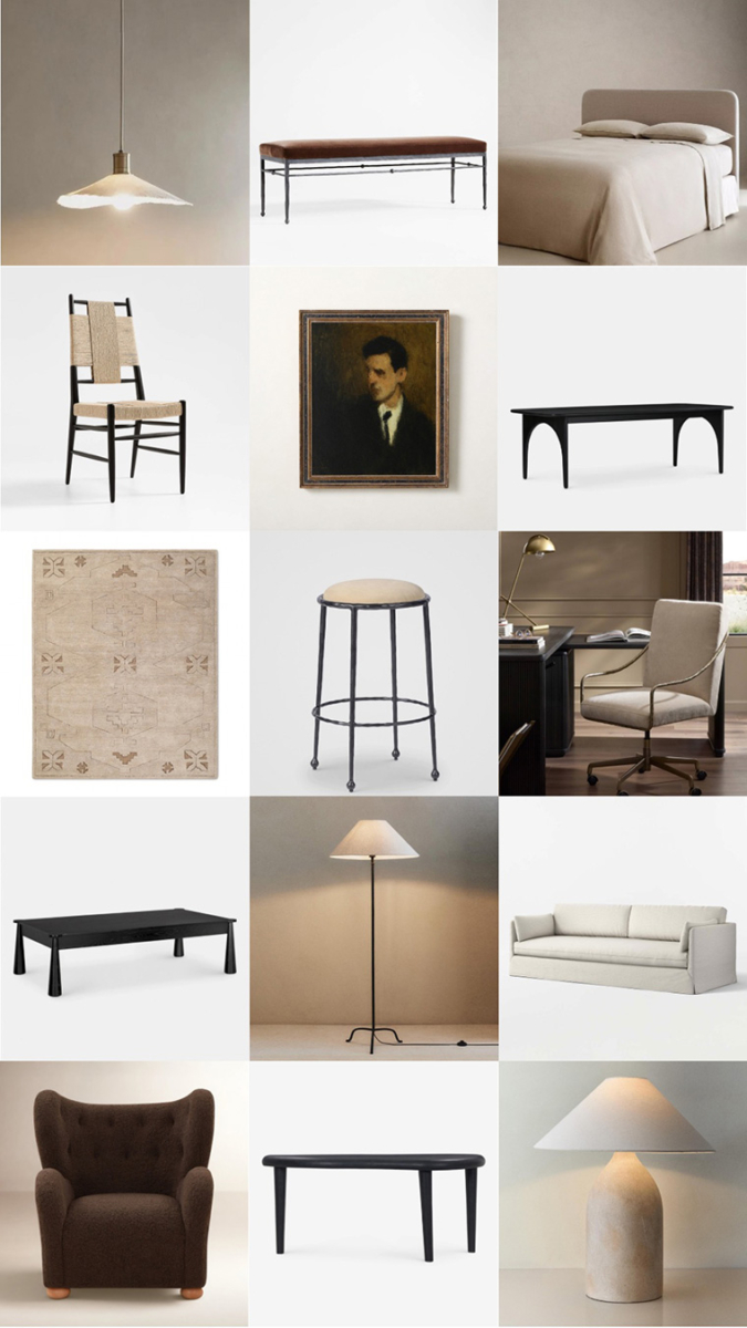 Refined rustic transitional home decor sources, shoppable interior design concept board featuring a linen slipcovered sofa, woven dining chair, and moody vintage art.