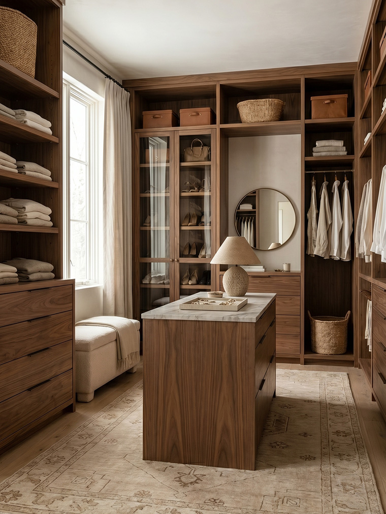 Luxurious transitional walk-in closet ideas, refined rustic walnut cabinetry with glass display doors and a marble-topped center island.